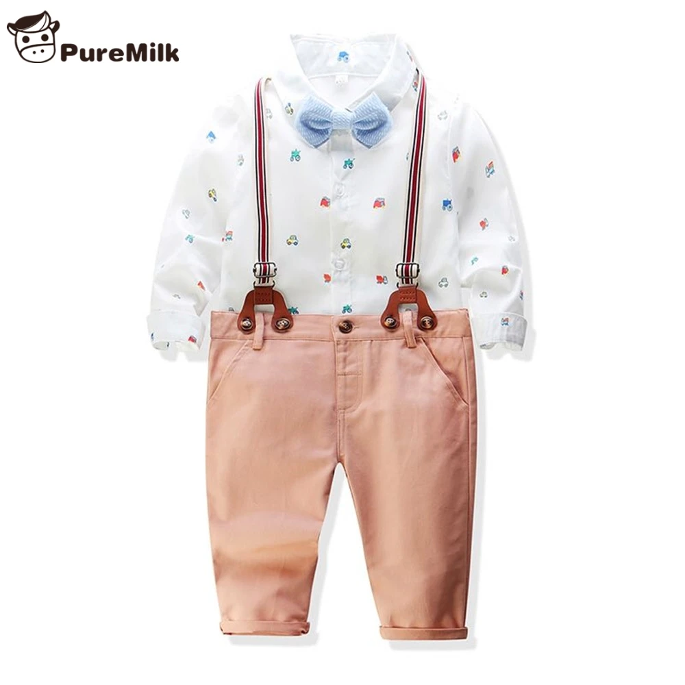 

PureMilk Baby Boy Clothes Cartoon Printed Shirts With Bow Newborn Baby Boy Clothes Mini gentleman Boys Clothes