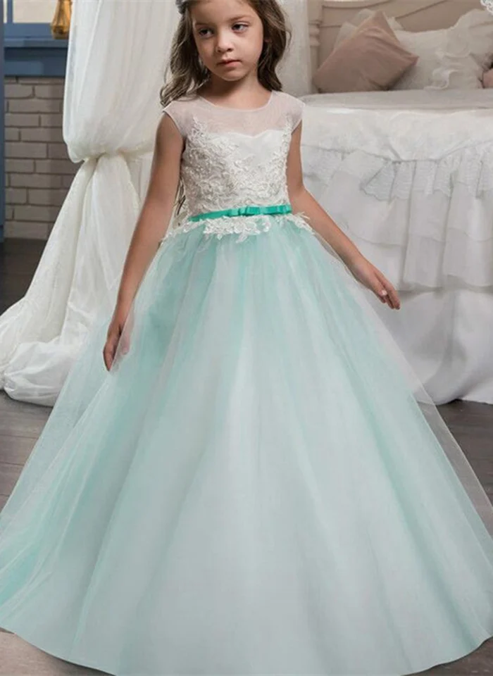 

Mint Flower Girl Dresses For Weddings Ball Gown Cap Sleeves Tulle Lace Beaded Long First Communion Dresses For Little Girls