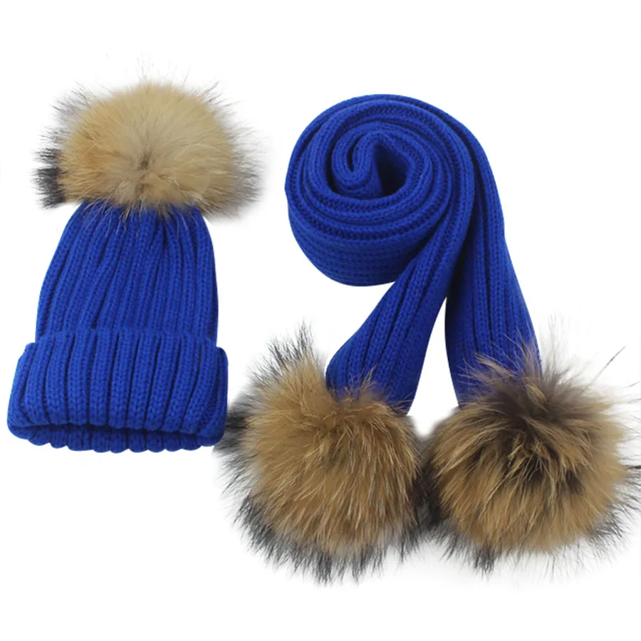Children knitted Scarf and Hat Set Luxury Winter Warm Crochet Hats and scarves with Real fur pom Beanie Hat for boys and girls