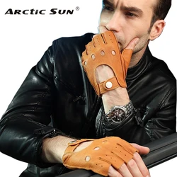 Real Leather Gloves Male Fashion Deerskin Half Finger Driving Gloves Wrist Adult Fingerless Mittens Men Genuine Leather EM001W