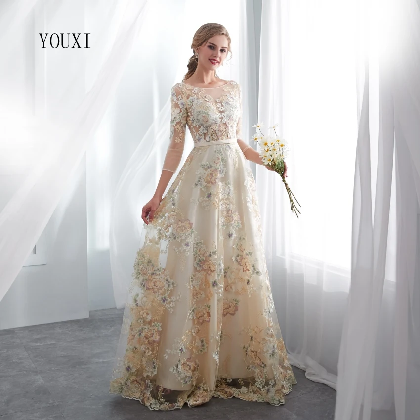 ดอกไม้พรหมชุด YOUXI ลูกไม้3/4แขน A-Line แชมเปญเข็มขัดเอวยาว Gowns Vestido De Formatura