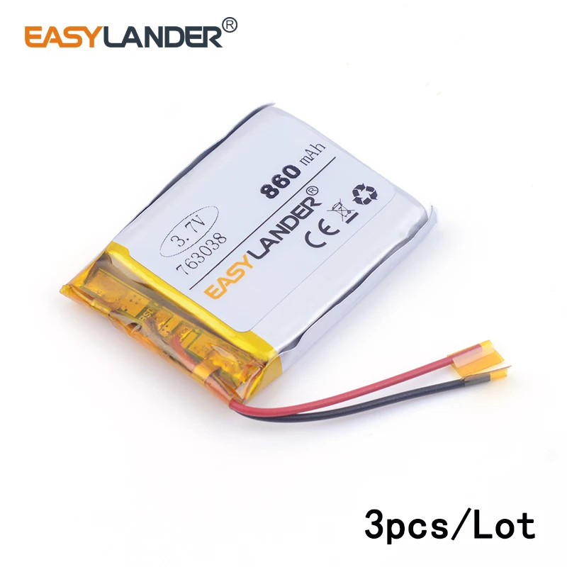 

3pcs /Lot 763038 860mah 3.7v lithium Li ion polymer rechargeable battery vehicle traveling data recorder LED speakers toys