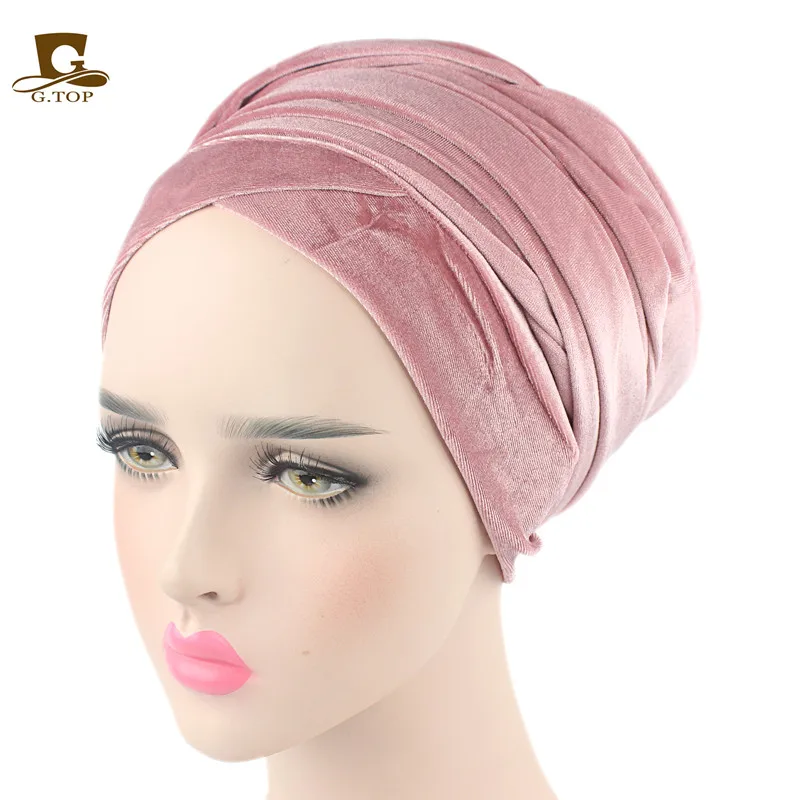 Nuove donne di moda di lusso pieghettato velluto turbante hijab avvolgere la testa tubo Extra lungo indiano foulard Tie