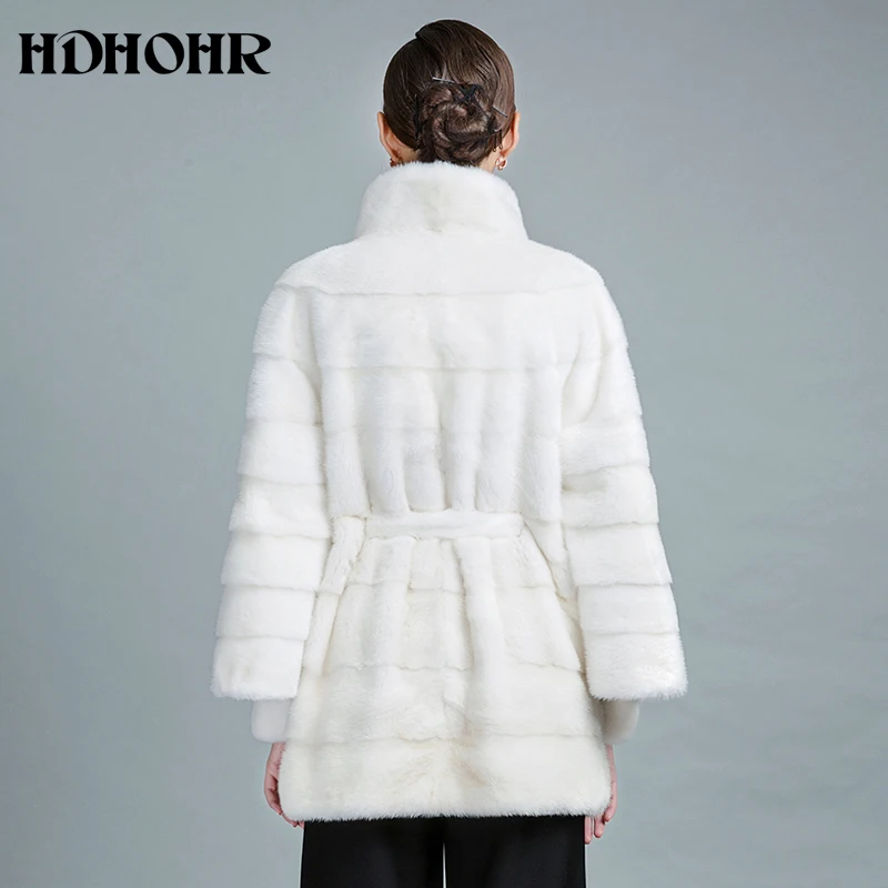 HDHOHR 2024 화이트 밍크 모피 코트, 천연 밍크 모피 코트, 벨트 포함, 진짜 스트립, 두꺼운 재킷, 여성 패션, 진짜 모피 코트, 신제품