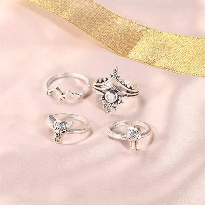 RM071  Personality Crown Mountains Geometry Animal Snake Spider Unicorn Ox Head Skeleton Rings Set  Wholesale