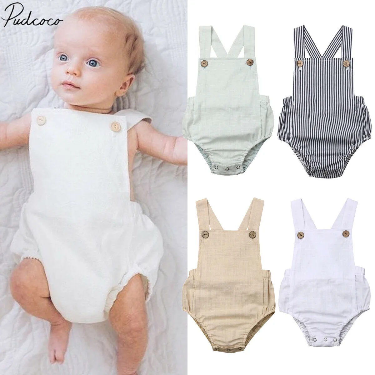 2019 Children Summer Clothing Newborn  Baby Girl Solid Ruffles Bodysuit Button Backless Sunsuit Jumpsuit Solid Baby Clothing