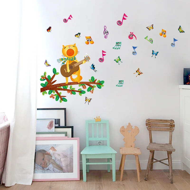 Cartoon Diy Cat singing Wall Stickers for Kids Room Guitar Colorful Musical Notes Butterfly Home Decor Nursery Pvc Wall Decal