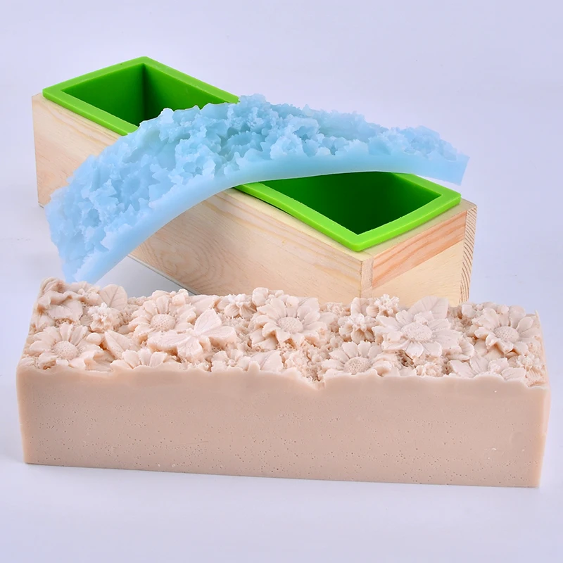 Rectangular Silicone Soap Mold with Wooden Box and Flower Mat Handmade Embossed Loaf Soap Making Tool