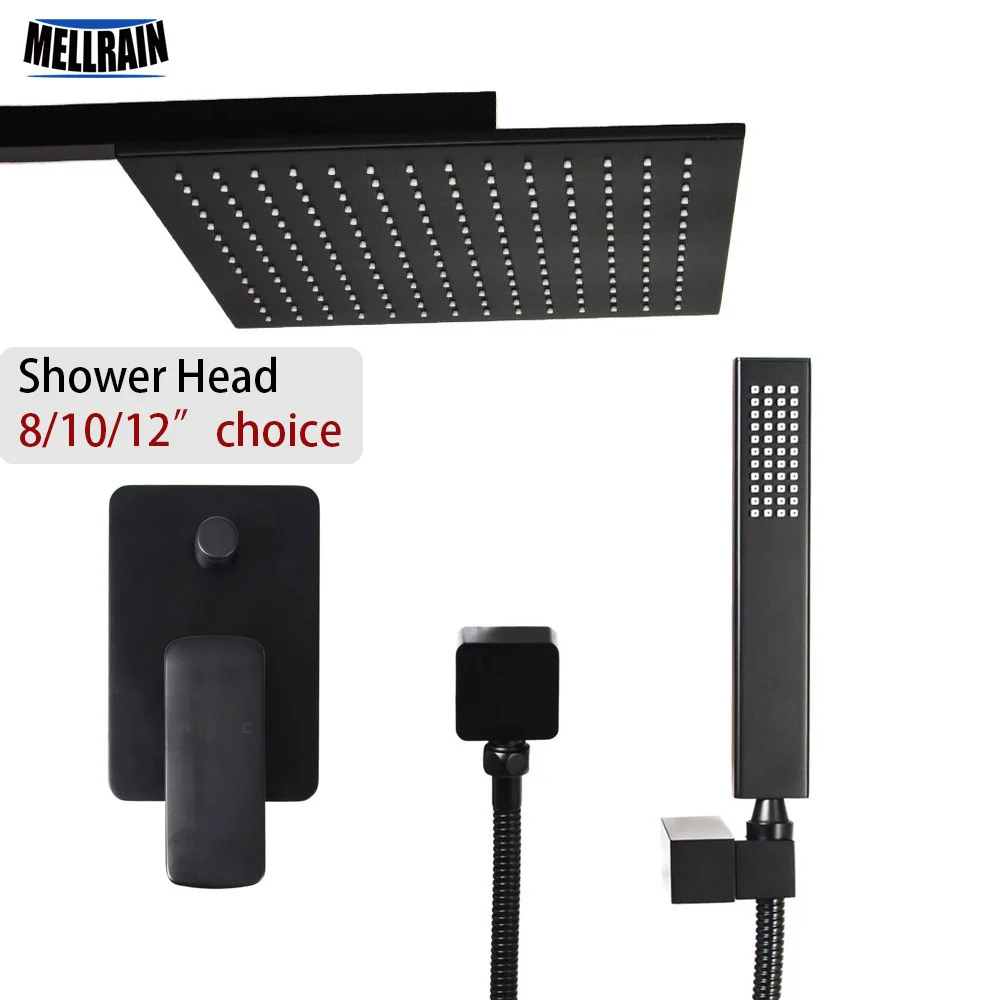 

Brass quality black color bath shower set wall mounted 8 10 12 inch rain shower head choice water mixer onekey water separator