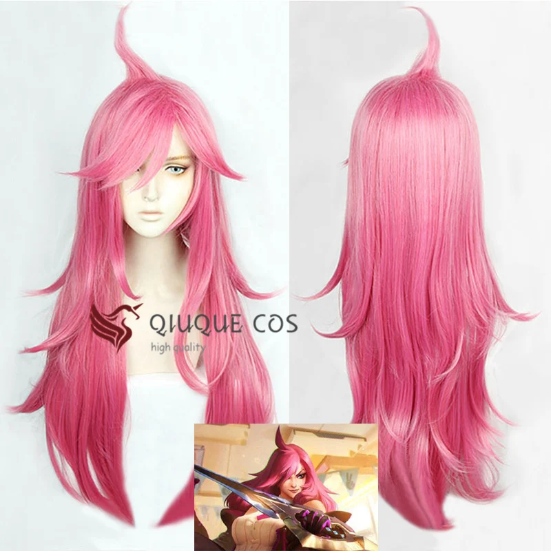 LOL Battle Academia Katarina Du Couteau 75cm Long Rose Pink Styled Hair Heat Resistant Cosplay Costume Wigs + Wig Cap