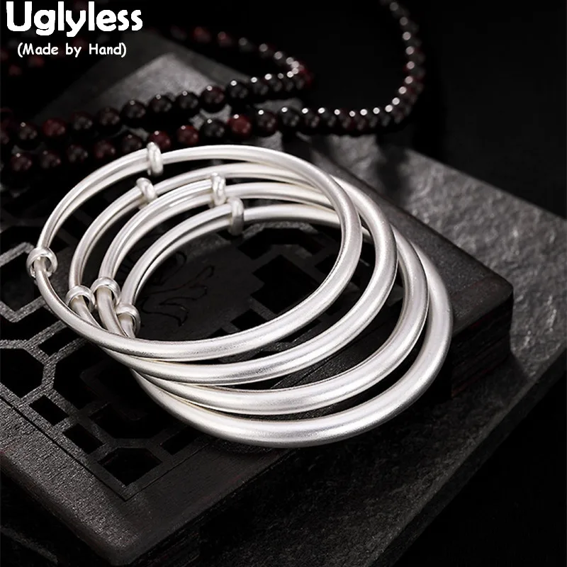 

Uglyless 100% Real 999 Full Silver Push-pull Bracelet for Women Simple no Decorations Fine Jewelry Fashion Plain Bangles 4 Sizes