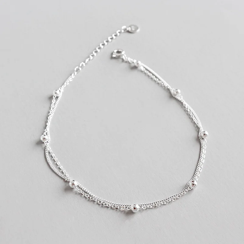 

925 Sterling Silver Ankle Foot Bracelet Summer Accessories, Minimalist Beads Double Layered Chains Anklets For Women Jewelry