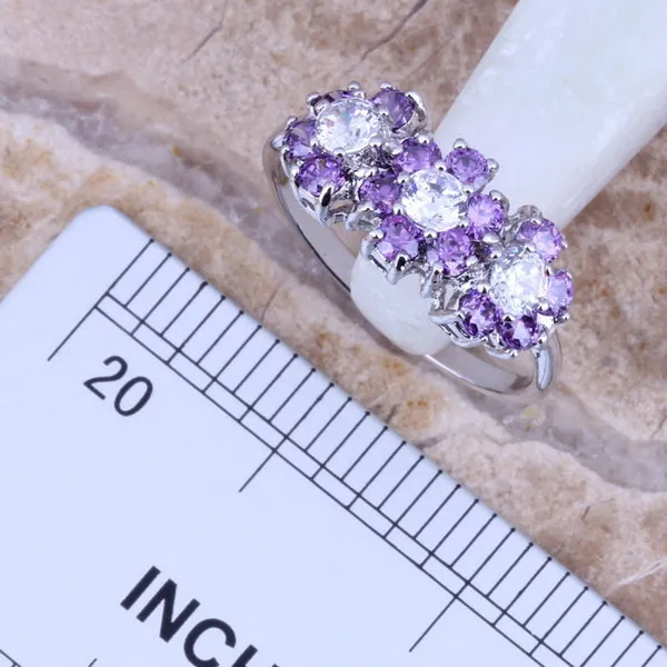 Stunning Purple Cubic Zirconia White CZ Silver Plated Jewelry Sets Earrings Pendant Ring Size 6 / 7 / 8 / 9 / 10 S0149