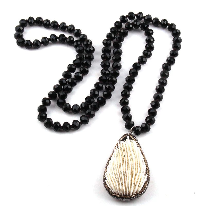 Fashion Bohemian Jewelry Stone and Glass Long Knotted Pendant Necklace Women Lariat Necklaces