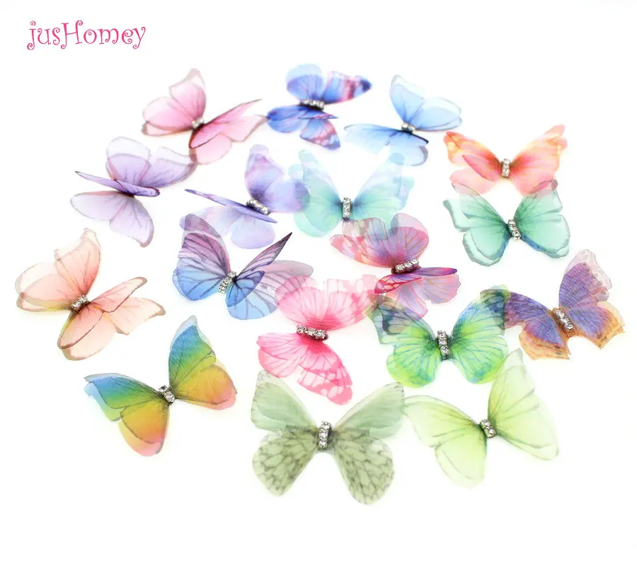 100PCS Gradient Color Organza Fabric Butterfly Appliques Translucent Chiffon Butterfly for Party Decor, Doll Embellishment