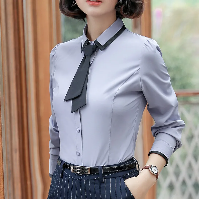 Camisas New Fashion Women Shirt Autumn Formal Elegant Patchwork Tie Long Sleeve Slim Blouse Office Ladies Work Wear Tops