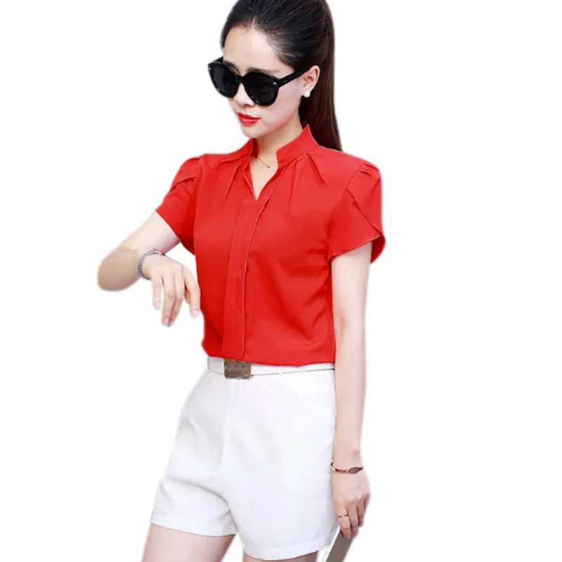 Women Shirt Chiffon Blusas Femininas Tops Short Petal Sleeve V-neck Elegant Ladies Formal Office Blouse Chiffon Shirt