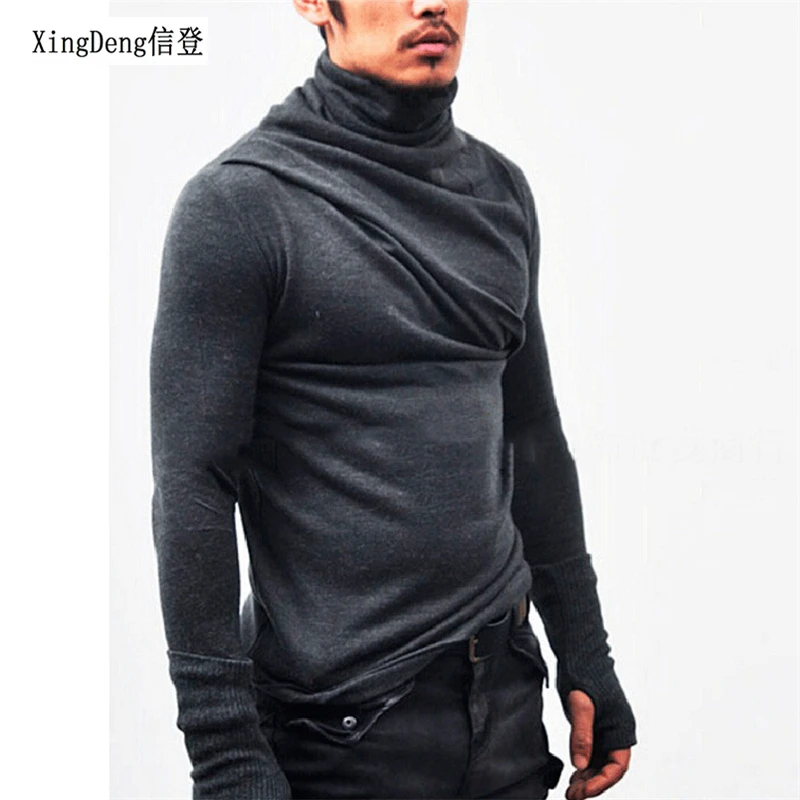 XingDeng men turtleneck mittens long sleeve T-shirt Men fashion casual tee gloves male slim fit punk  costume clothing top coats