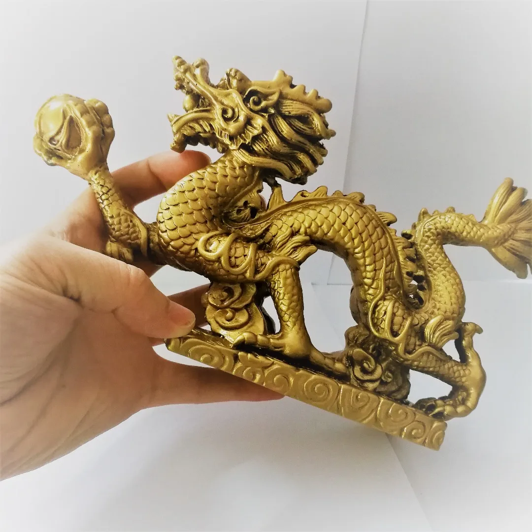 Copper Dragon Figurine Holding a Ball Chinese Geomancy Gold Dragon Figurine Statue Ornaments for Luck and Success