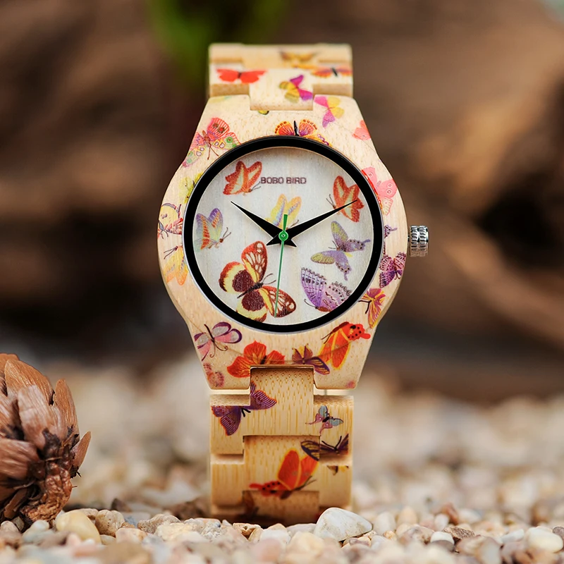 BOBO BIRD Ladies Wood Watch Women montre femme Bamboo Band Painting Butterfly Quartz Watches Custom Gift in Wood Box OEM W-O20