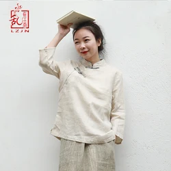 LZJN Women Shirts Stand Collar Casual Blouses 2019 Spring Chinese Style Retro Linen 3/4 Sleeve Blouse Qipao Top Shirt