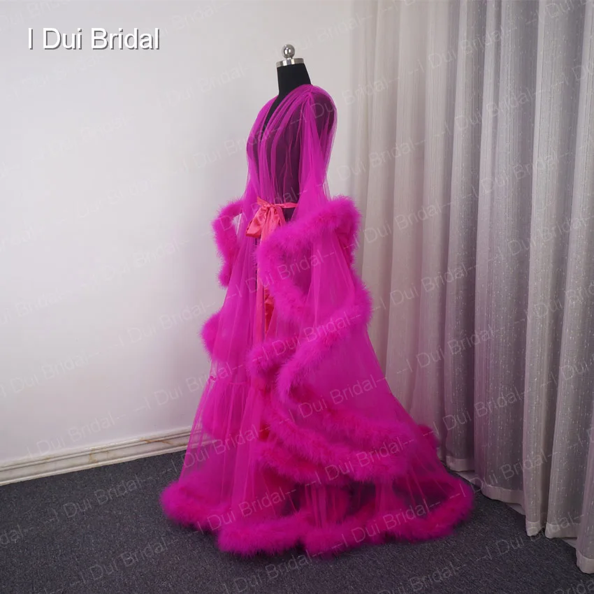 Fuchsia Feather Tulle  Evening Dress Long Sleeve Robe Scarf Party Gown School Dancing Wear