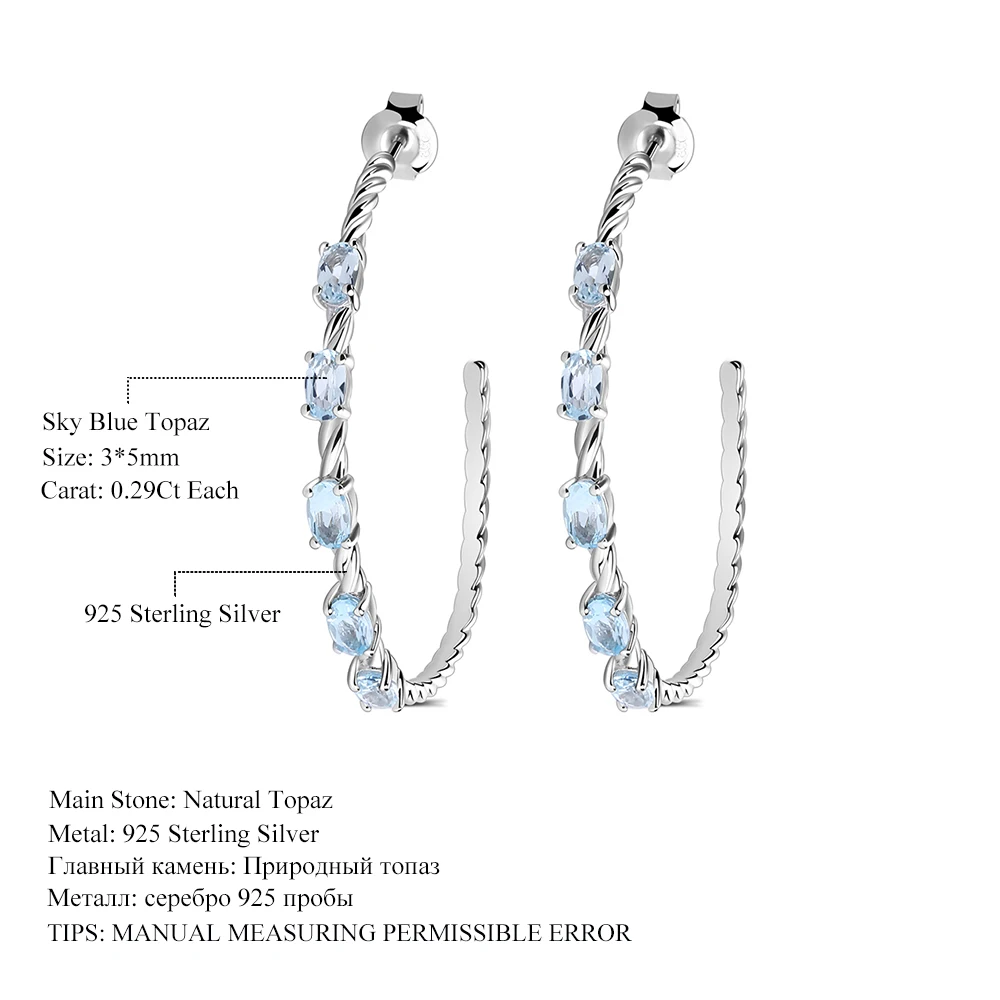 Gem\'s Ballet 2.94Ct Oval Natural Sky Blue Topaz Gemstone Hoop Earrings 925 Sterling Silver Fine Jewelry For Women Wedding