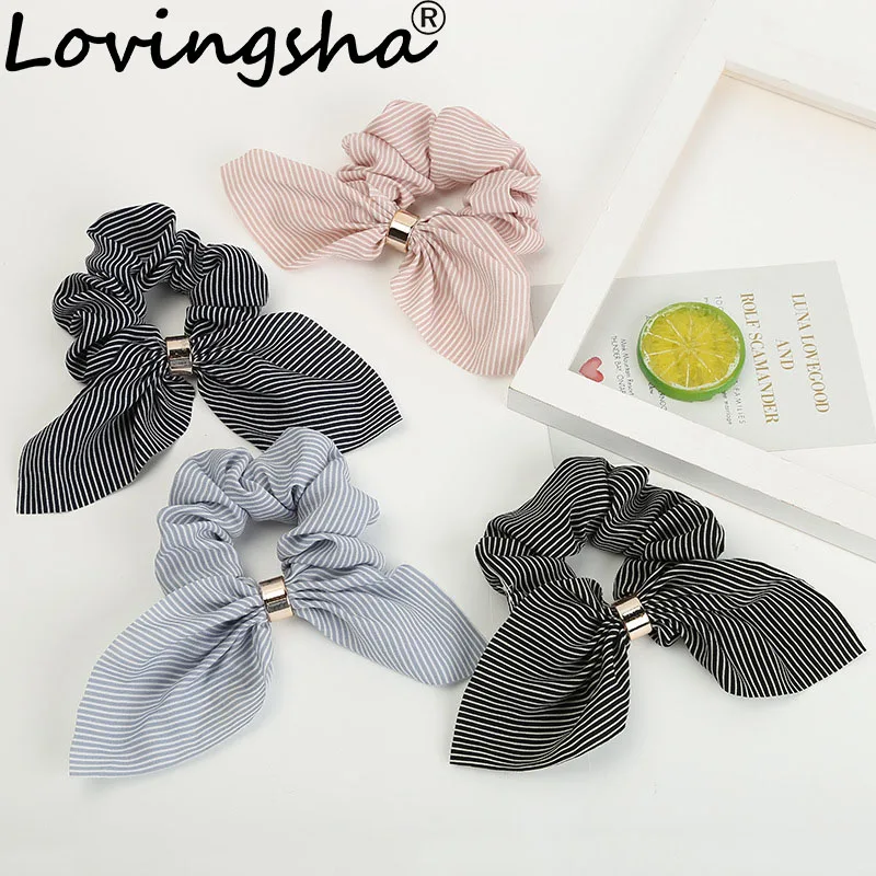 LOVINGSHA Cute Rabbit Ear Striped Hair Accessories Elastic Hair Band Hair Rope For Women Girls Rubber Band Tie Hair Scrunchies