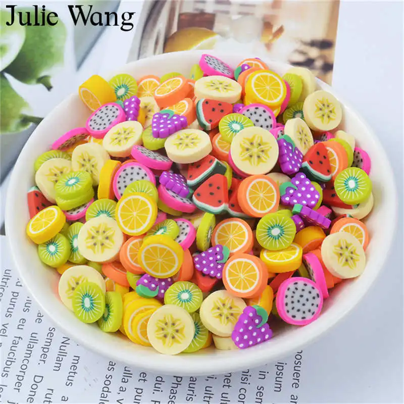 Julie Wang 40PCS Resin Artificial Fruit Slice Charms Slime Polymer Clay Banana Grape Orange Jewelry Making Accessory Table Props