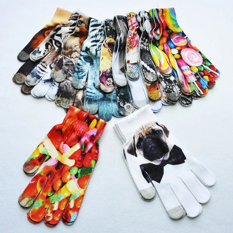 Lovely Unisex Animals Digital Pattern Cat Winter Elastic Knit Touch Screen Gloves Men Women Warm Full Finger Dancing Gloves B48