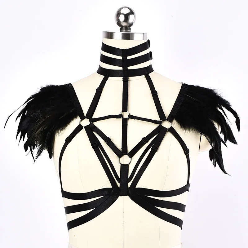 

90s Harajuku Feathers Body Harness Women Lady Fetish Bondage Lingerie Sexy Crop Tops Bodysuit See Through Body Cage Bralette