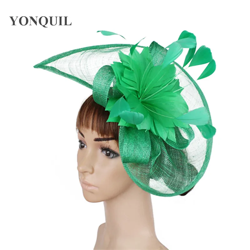 Women Green Sinamay Fascinator Hats With Beautiful Feather Flower Red Black Female Kentucky Derby Church Wedding Party Headbands