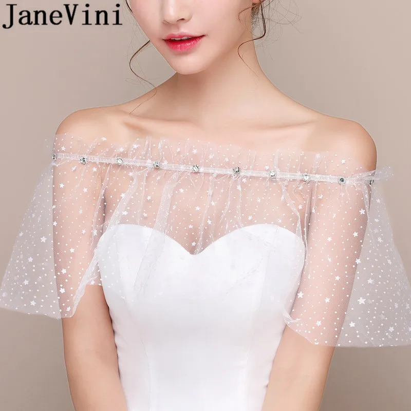 

JaneVini Bling Beaded Wedding Cape Bridal Off Shoulder Lace Up Bolero Novia Boleros Bridal Dress Shawl Wraps Coprispalle Tulle