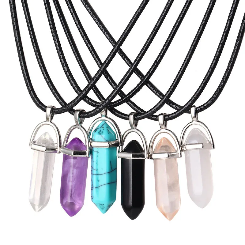 Cute Girls Hexagonal Column Stone Necklaces Women Natural Stone Crystal Pendant Leather Chain Necklace Female Jewelry Party Gift