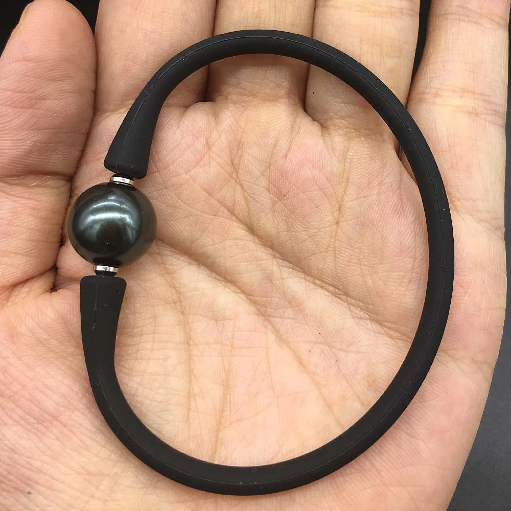 Round Big Tahiti Black Sea Shell Pearl  One Pearl Bracelet Unisex Silicon Rubber Stainless Steel Post Adjustable More Color
