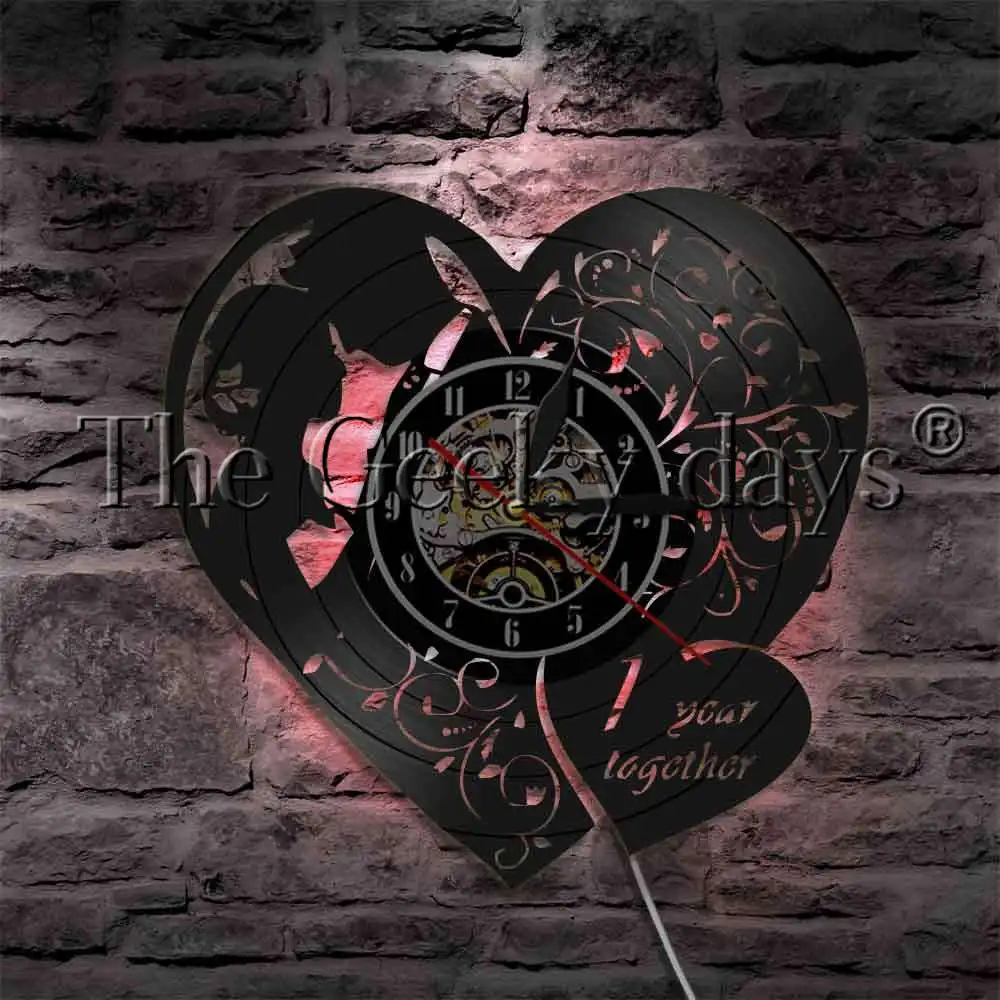 

One Year Wedding Anniversary Vinyl Record Wall Clock With LED Backlight Wedding Marriage Heart Shape Modern Wall Light