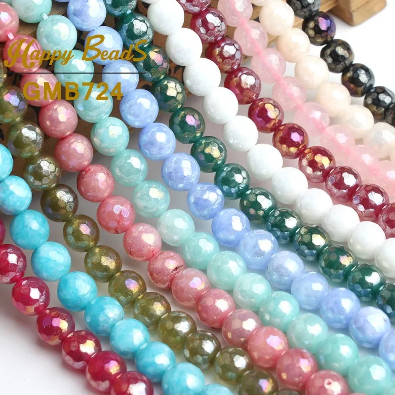 8MM Faceted Pink Black White Red Plated Tourmaline Stone Beads Round Loose Beads For Jewelry Making DIY Bracelets 15\'\'Strand
