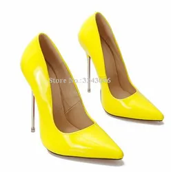 Patent Leather Pointed Toe Metal Thin Heels Stiletto Pumps Lady Sexy 13cm Super High Heels Shoes Fashion Night Club Party Shoes