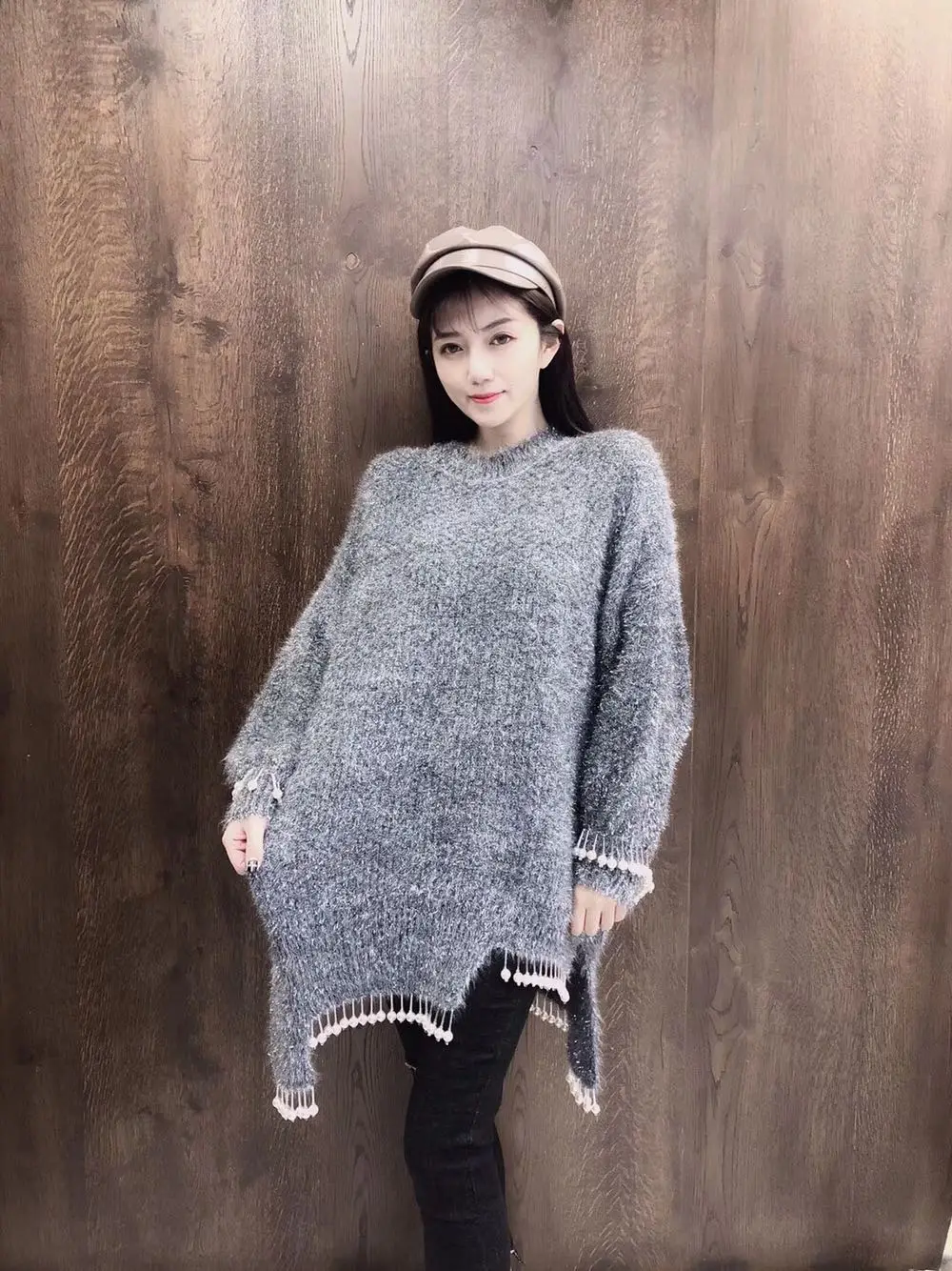 Cakucool New Silver Lurex Sweaters Women Pearl Beading Tassel Shiny Asymmetric Jumper Korean Cute Mid Long Sweaters Jersey Mujer