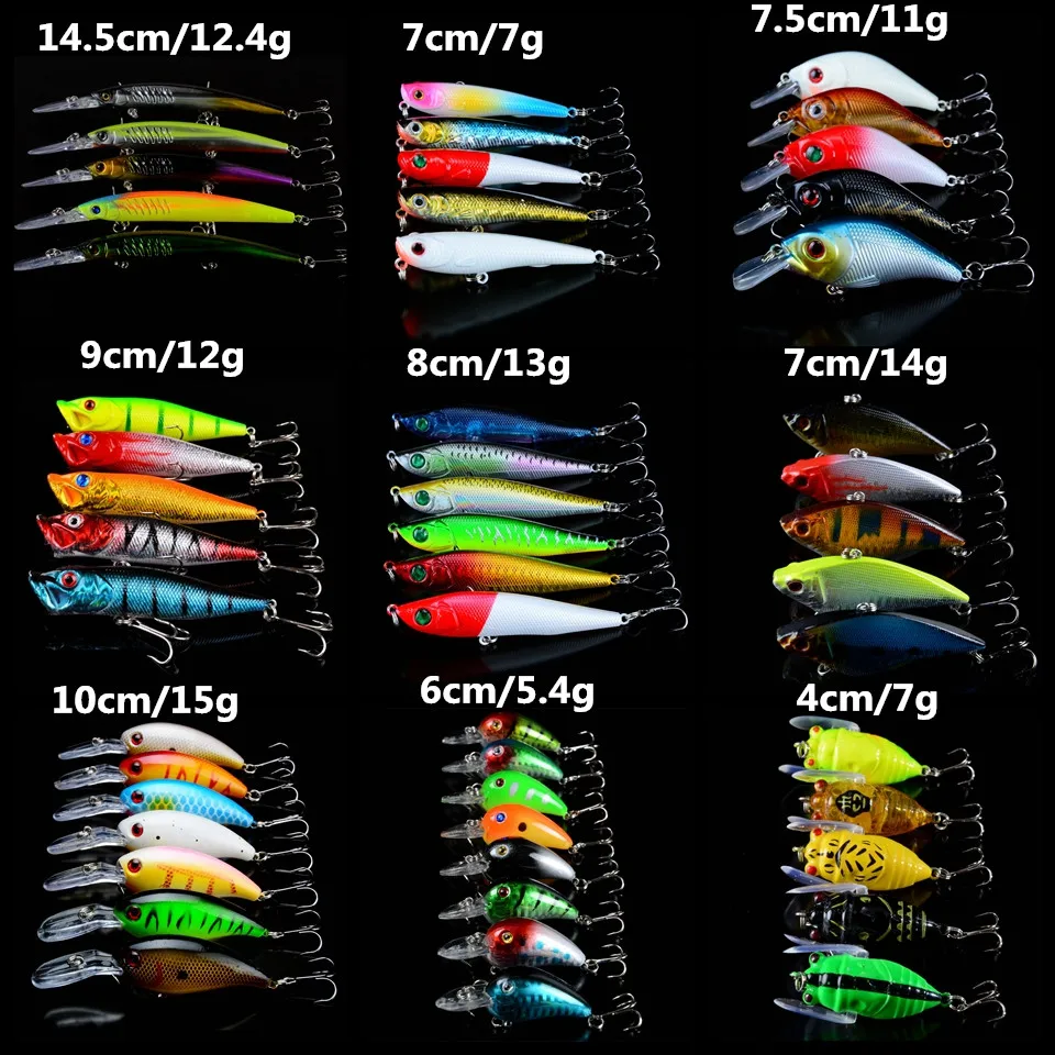 51pcs/Set Fishing Lures Mixed 9 Different Models Hard Baits Artificial Lifelike Wobblers Fishing bait Treble Hooks Tackle Pesca