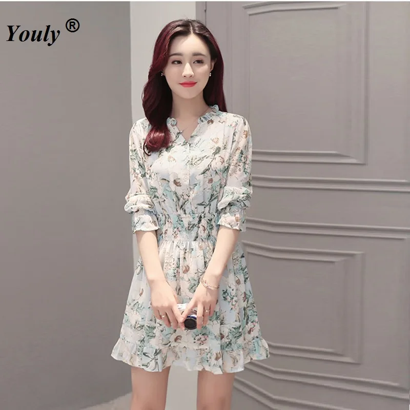 

2021 Spring Floral Printed V-Neck Pleated mini dress Lotus Long sleeve stand Women Elegant Casual Chiffon Vintage Party Dresses