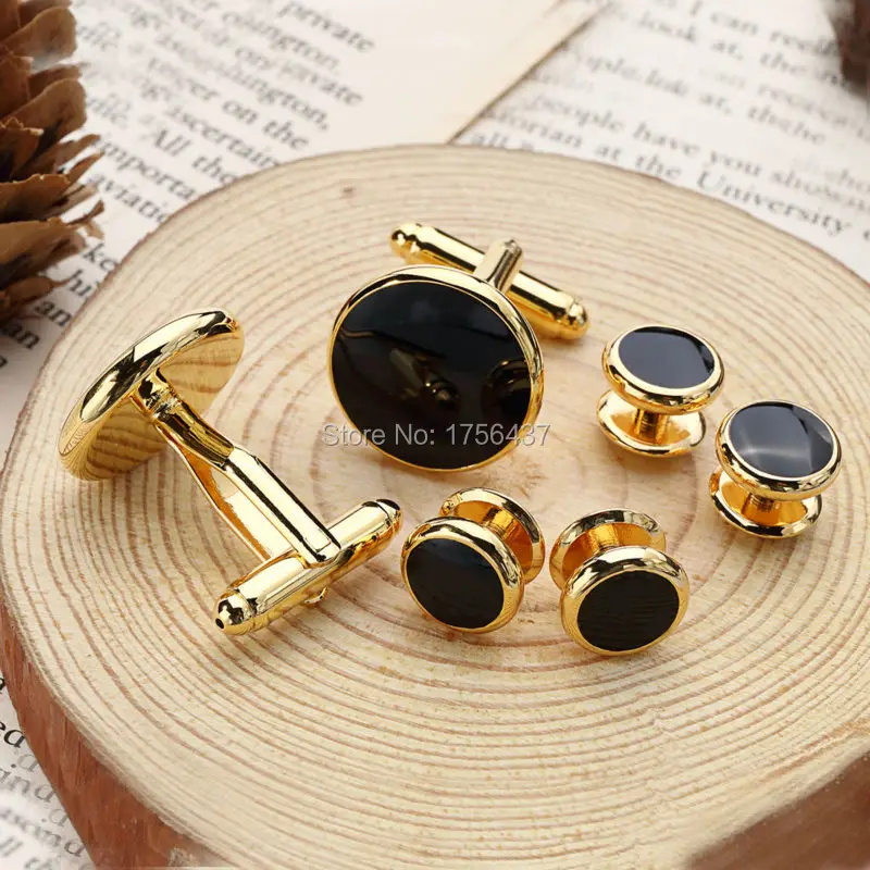 

High Quality Black Enamel Round Cufflinks and tuxedo studs Sets Gold Color Plated Mens Jewelry Business wedding cuff links