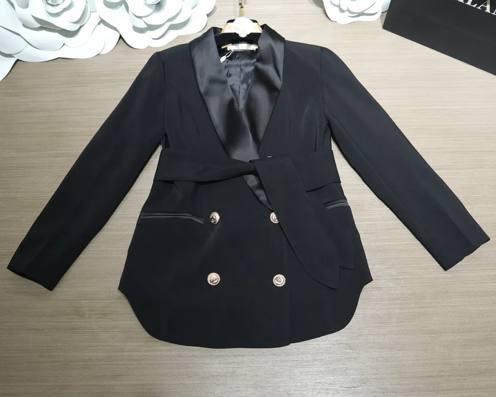 2021 early spring new fashion women\'s double-breasted tie slim small suit OL temperament professional jacket female high quality