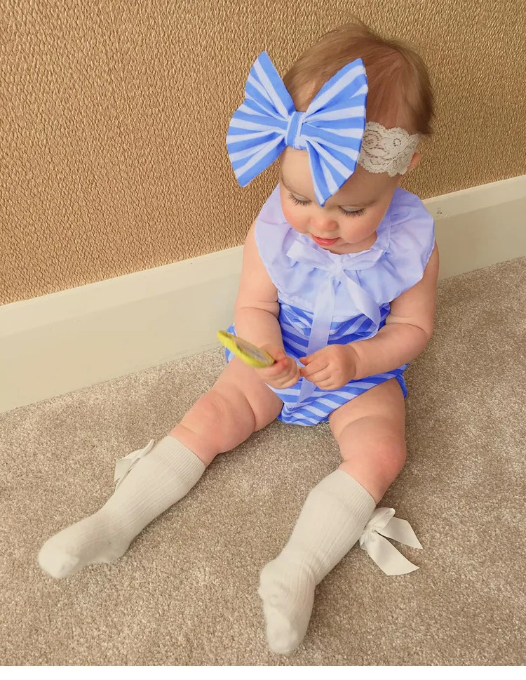 

1pcs New Newborn Girl Baby Toddler Infant White Lace Blue Striped Romper Blue Birthday Holiday Play Party Cute Rompers Clothes