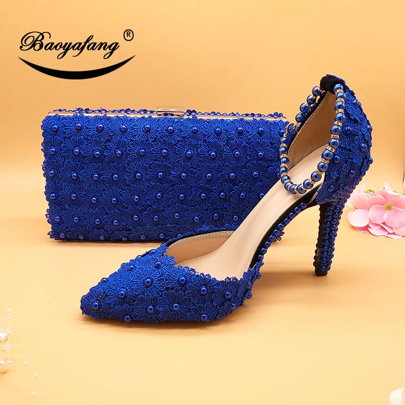 White Lace Flower wedding shoes with matching bags High heels Pointed Toe Ankle Strap Ladies Party shoe bag set Royal Blue Shoe