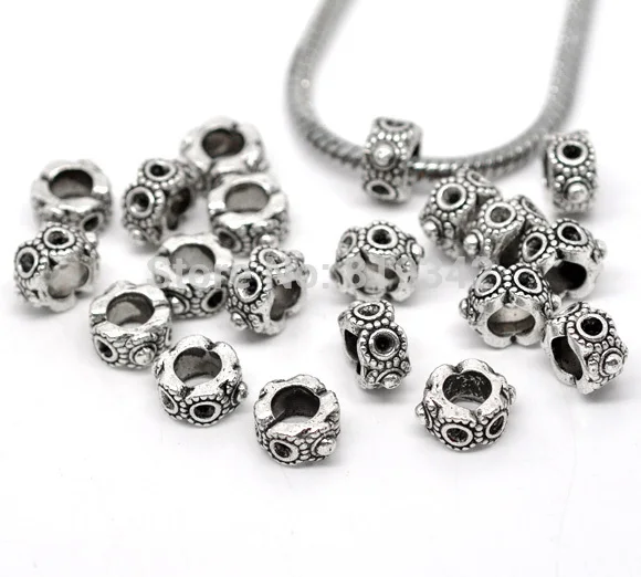 Free Shipping 100pcs Antique Silver Tone Spacer Big Hole Beads Fits European Charm Bracelets 11x9mm J0371X2