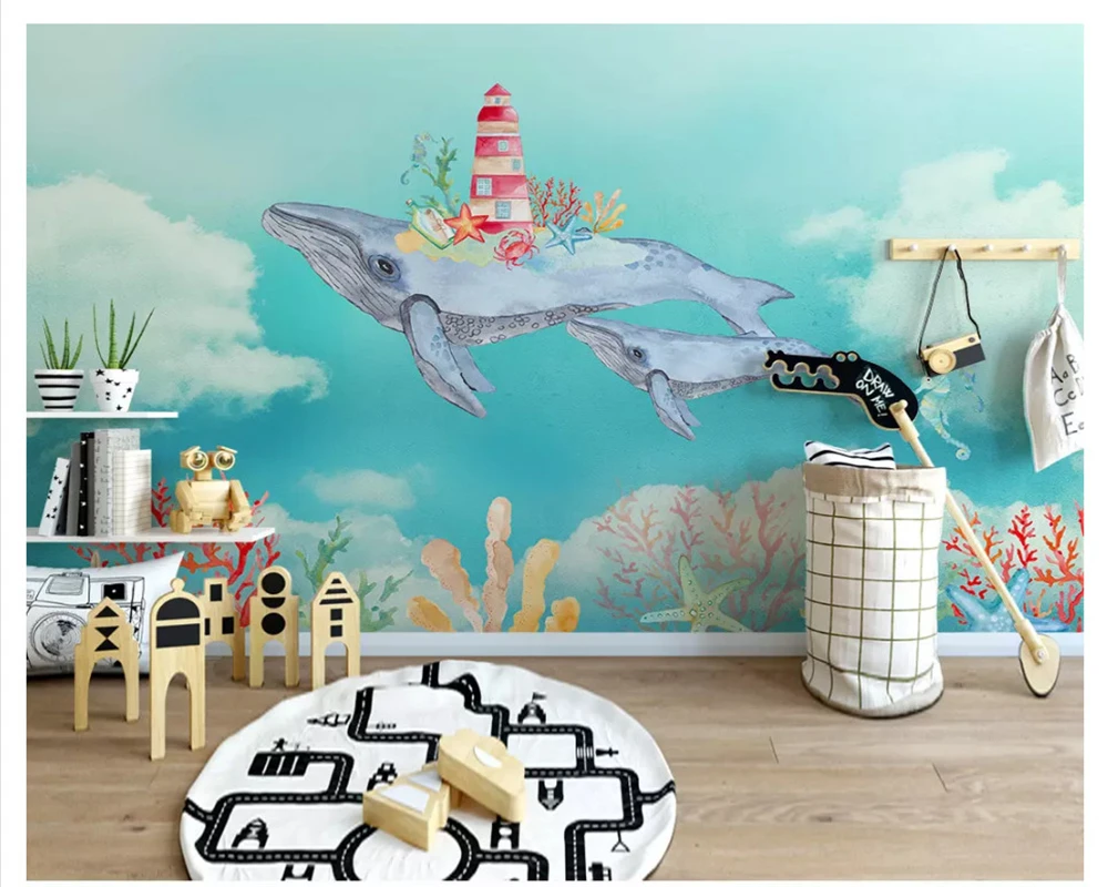 beibehang Custom classic Nordic wallpaper personality creative watercolor whale background children room background wall paper