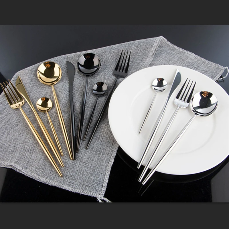 KuBac Hommi 24Pcs Shiny Dinnerware Set 18/10 Stainless Steel Smooth Gold Cutlery Set Mirror Black Dinnerware Set Drop Shipping