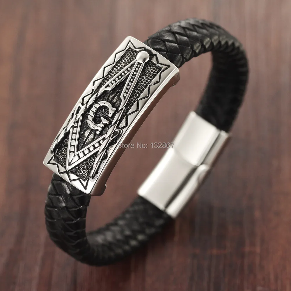 Mens Stainless Steel Magnet Clasp Genuine Leather Bracelet Freemasonry Masonic 8.5inch