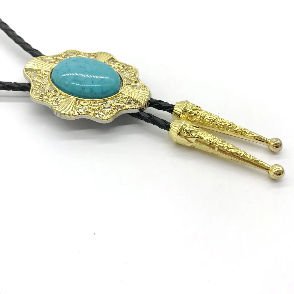 Blue turquoise Gold shield  flower side metal round deer bolo tie for man western cowboy design jewelry accessories